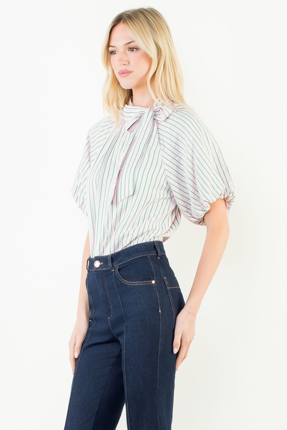 Magnolia Pinstripe Tie Neck Top - Delta Swanky Girl