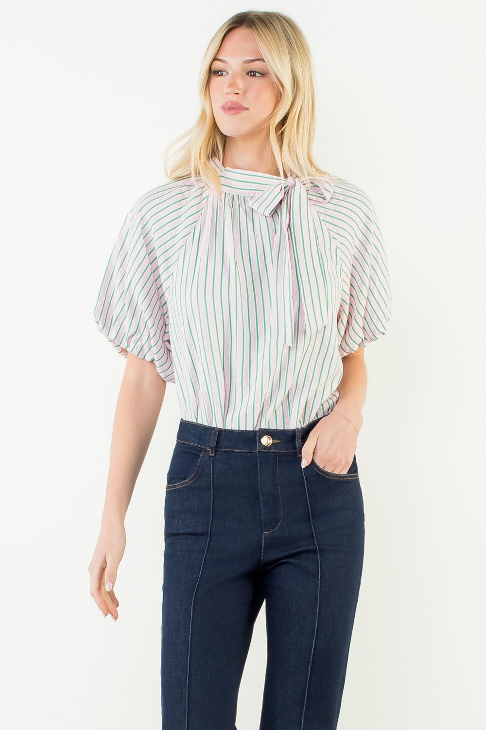 Magnolia Pinstripe Tie Neck Top - Delta Swanky Girl