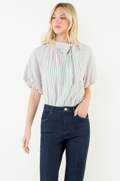 Magnolia Pinstripe Tie Neck Top - Delta Swanky Girl