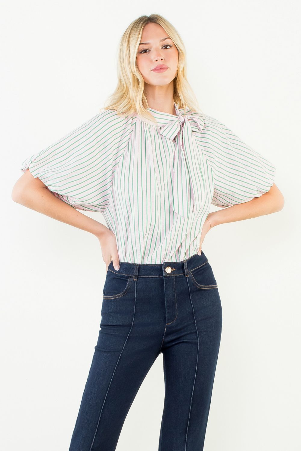 Magnolia Pinstripe Tie Neck Top - Delta Swanky Girl