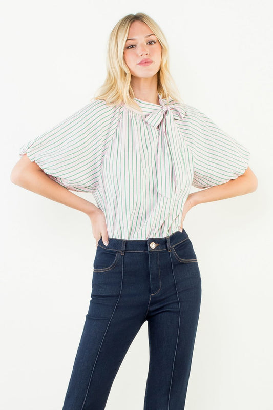 Magnolia Pinstripe Tie Neck Top - Delta Swanky Girl