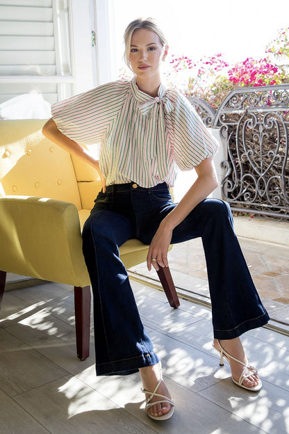 Magnolia Pinstripe Tie Neck Top - Delta Swanky Girl