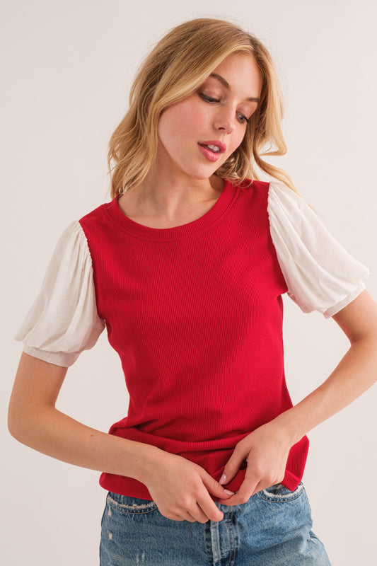 On The Carry Puff Sleeve Top (Red/White)