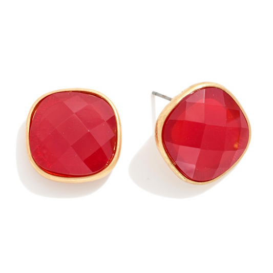 Cushion Cut Gemstone Stud Earring - Ruby