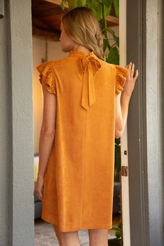 Willa Suede Ruffle Sleeve Dress (Camel)