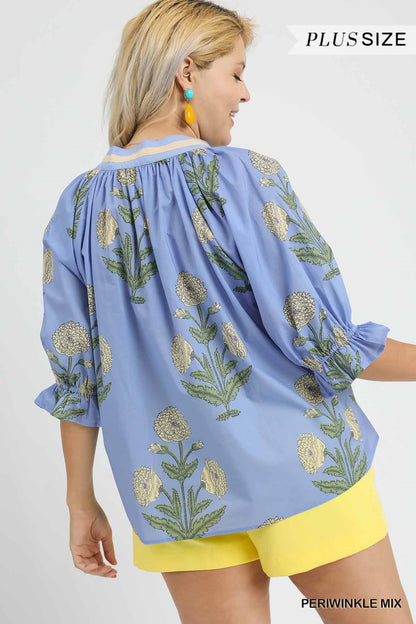 Curvy Eden Floral Puff Sleeve Top - Blue