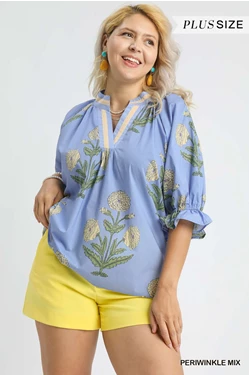 Curvy Eden Floral Puff Sleeve Top - Blue