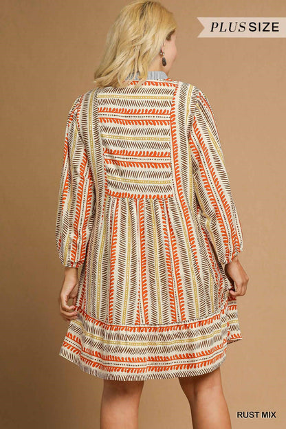 Curvy Southwest Mix Babydoll Dress (Rust)