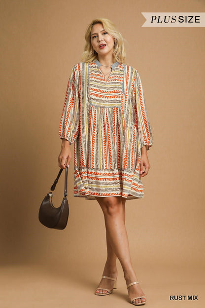 Curvy Southwest Mix Babydoll Dress (Rust)
