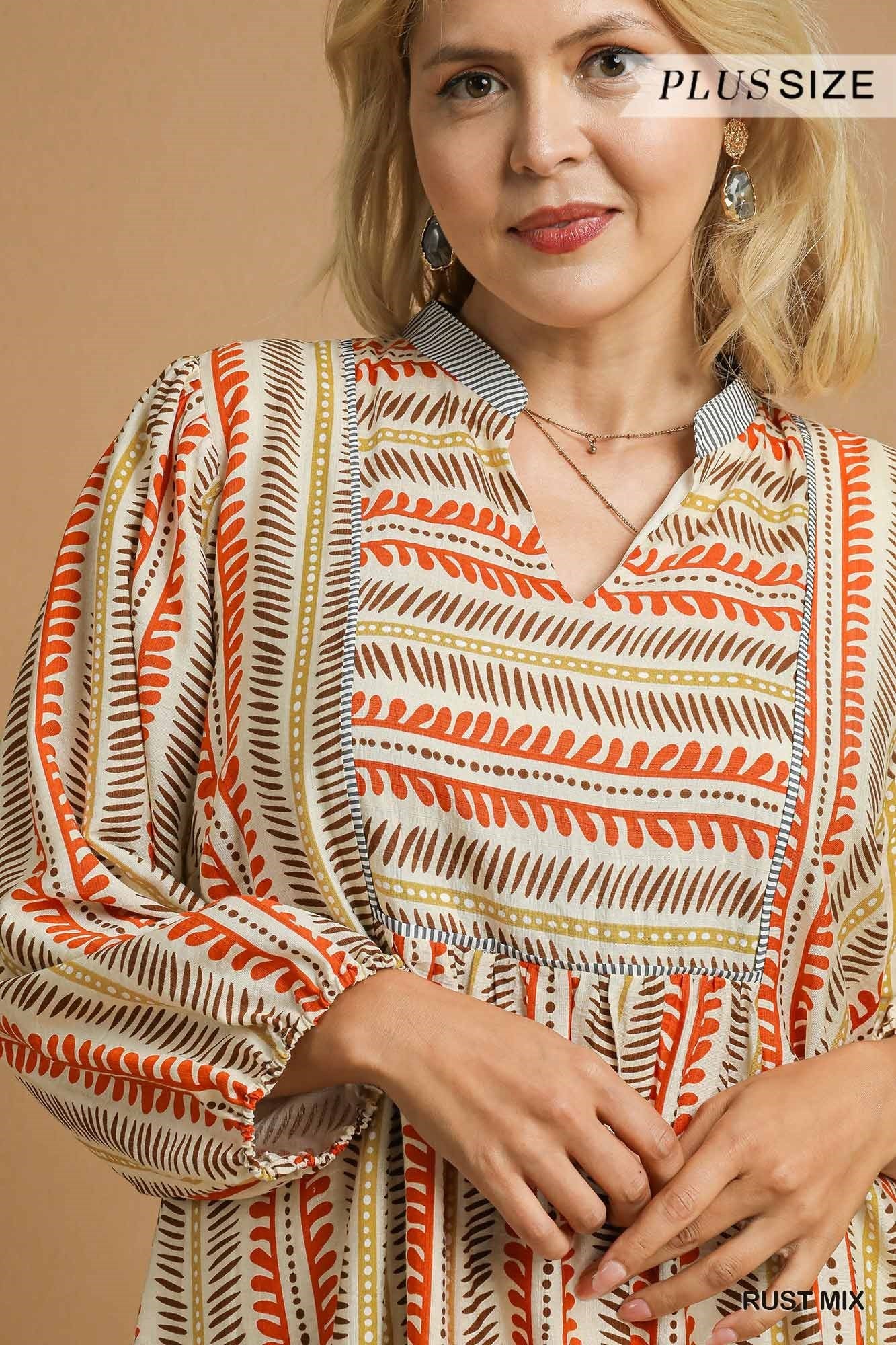 Curvy Southwest Mix Babydoll Dress (Rust)