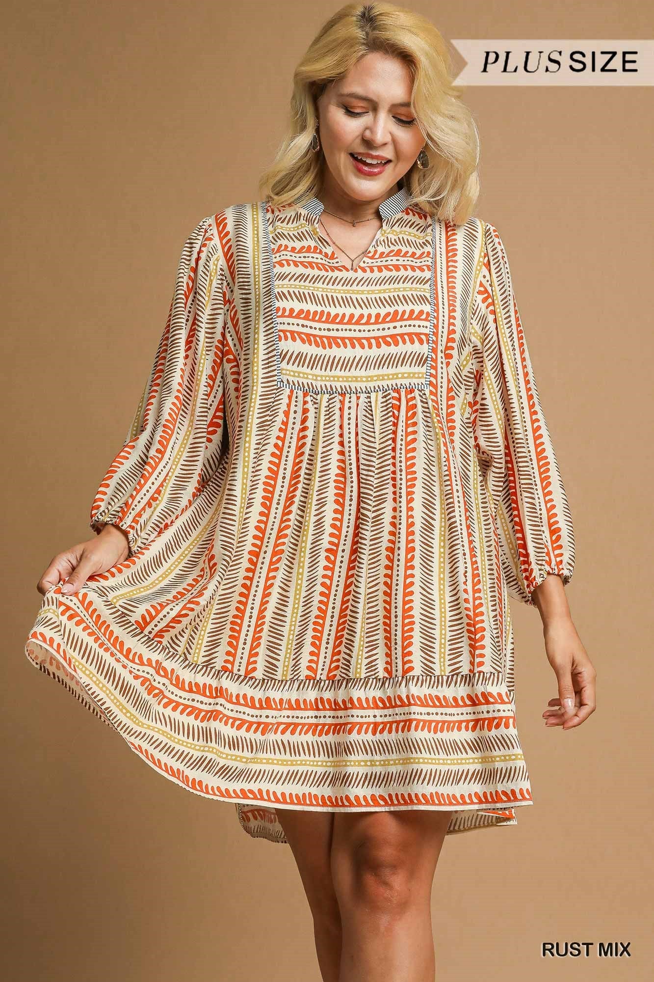 Curvy Southwest Mix Babydoll Dress (Rust)