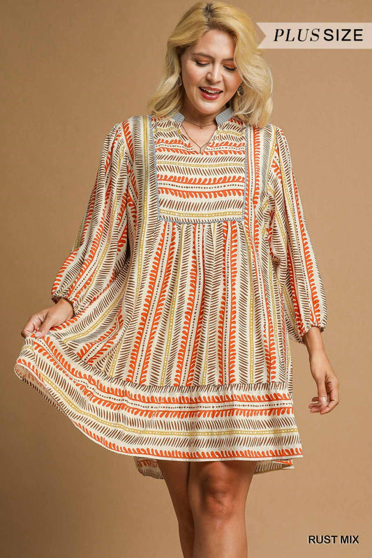 Curvy Southwest Mix Babydoll Dress (Rust)