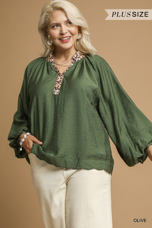 Curvy Daring Diva Leopard Trim Top - Olive