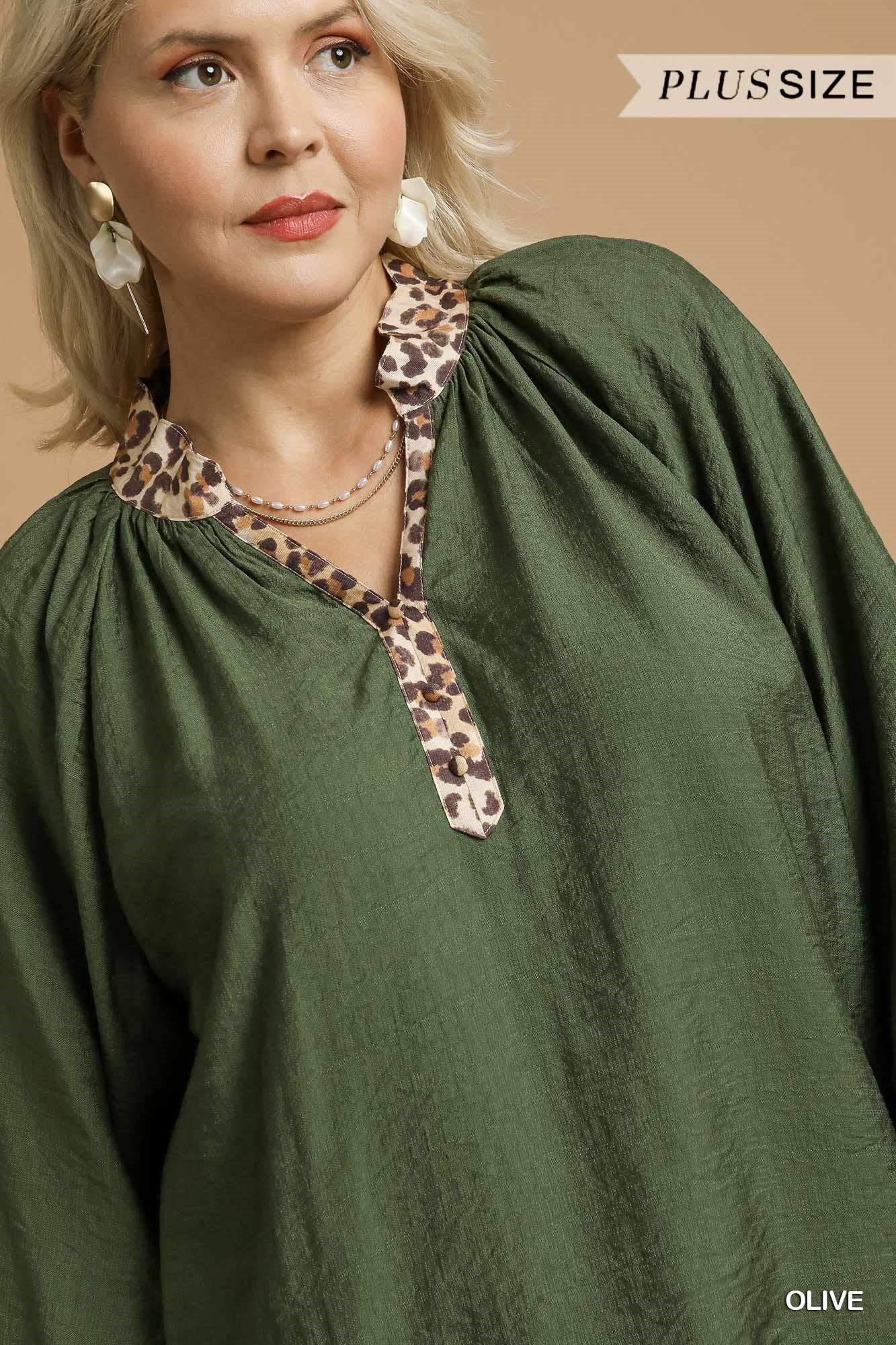 Curvy Daring Diva Leopard Trim Top - Olive