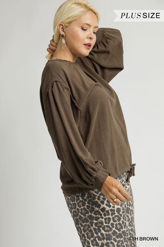 Curvy Heritage Drawstring Hem Top - Brown