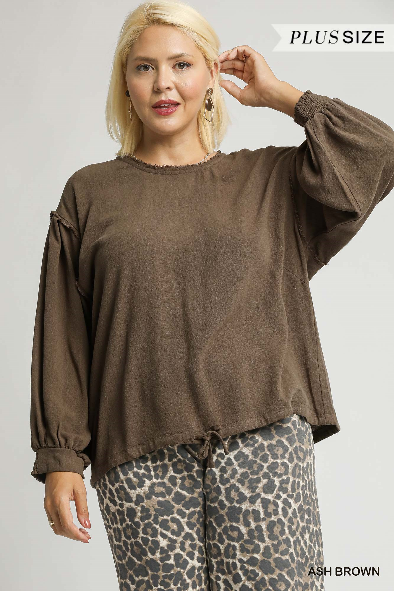 Curvy Heritage Drawstring Hem Top - Brown