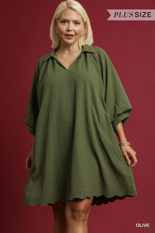Curvy Casual Chats Scallop Hem Dress - Olive
