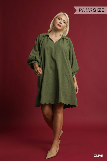 Curvy Casual Chats Scallop Hem Dress - Olive