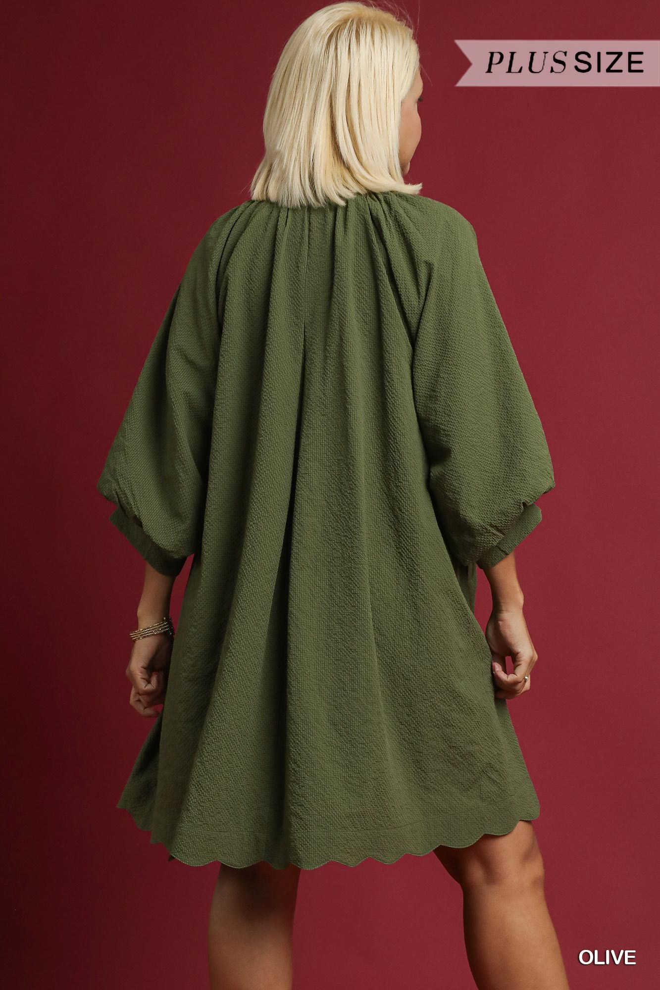 Curvy Casual Chats Scallop Hem Dress - Olive