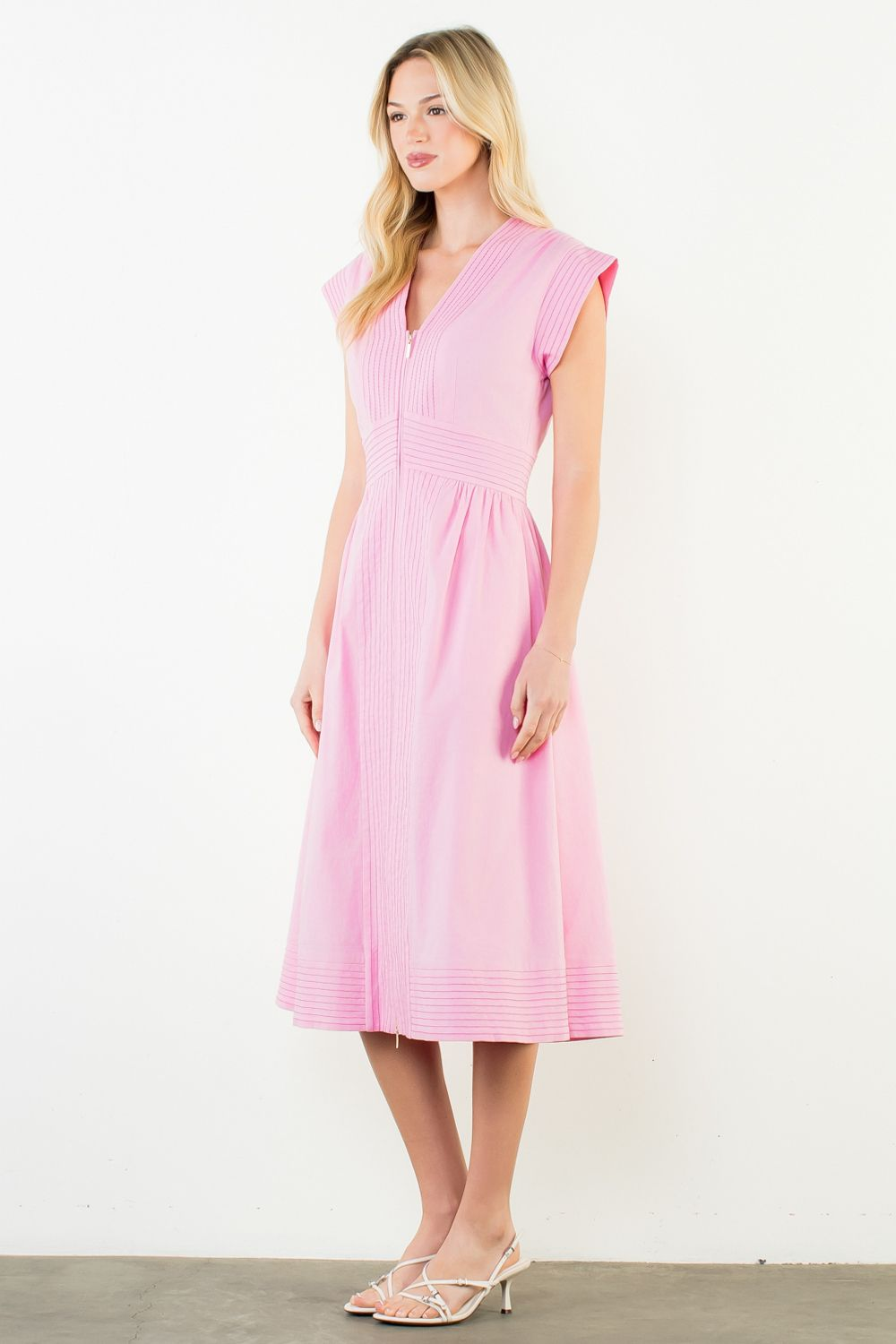 Sleek Stitch Pintuck Midi Dress - Pink - Delta Swanky Girl