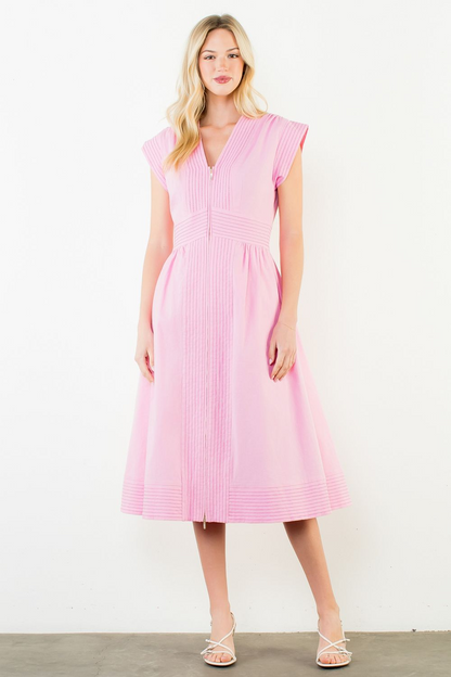 Sleek Stitch Pintuck Midi Dress - Pink - Delta Swanky Girl