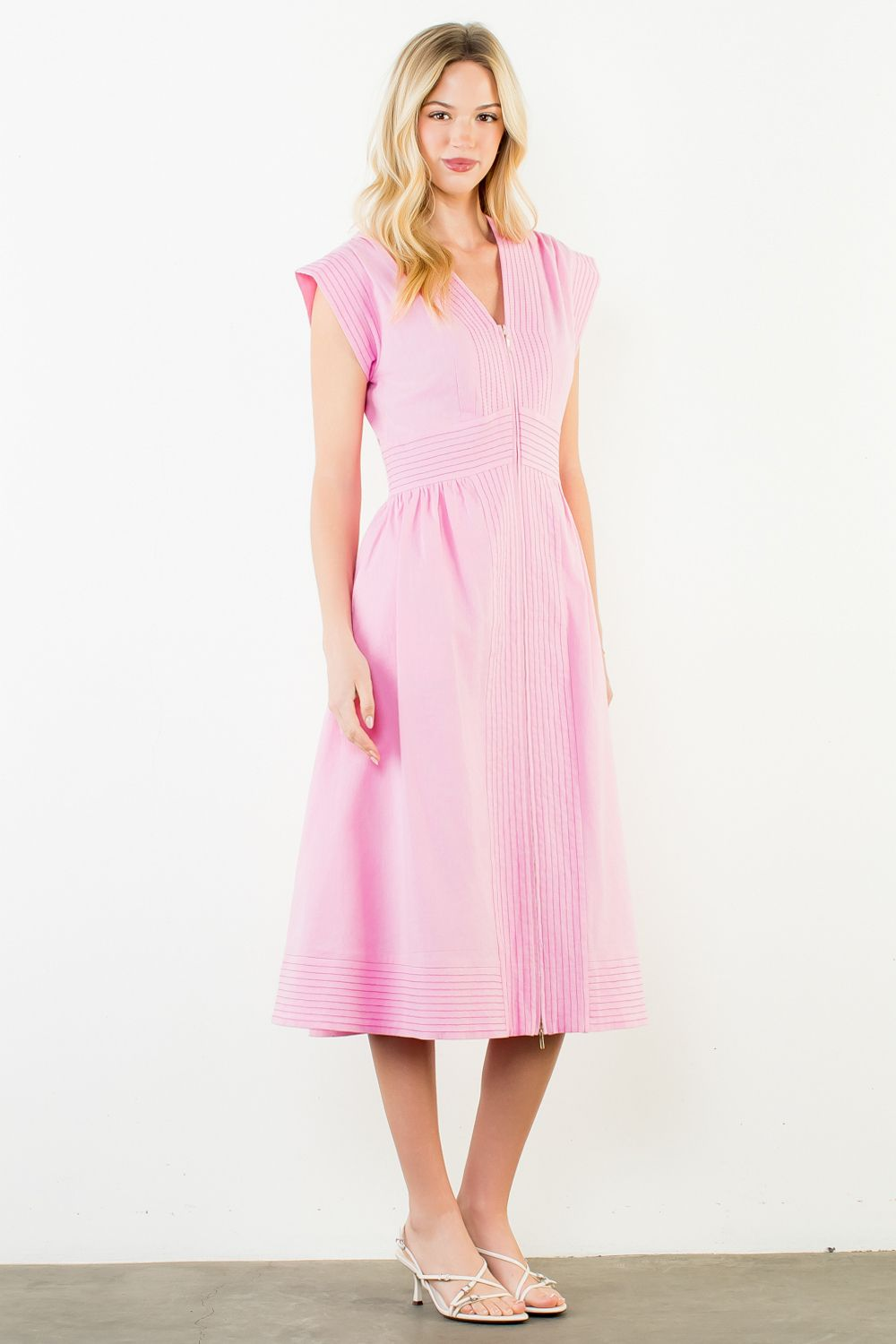 Sleek Stitch Pintuck Midi Dress - Pink - Delta Swanky Girl