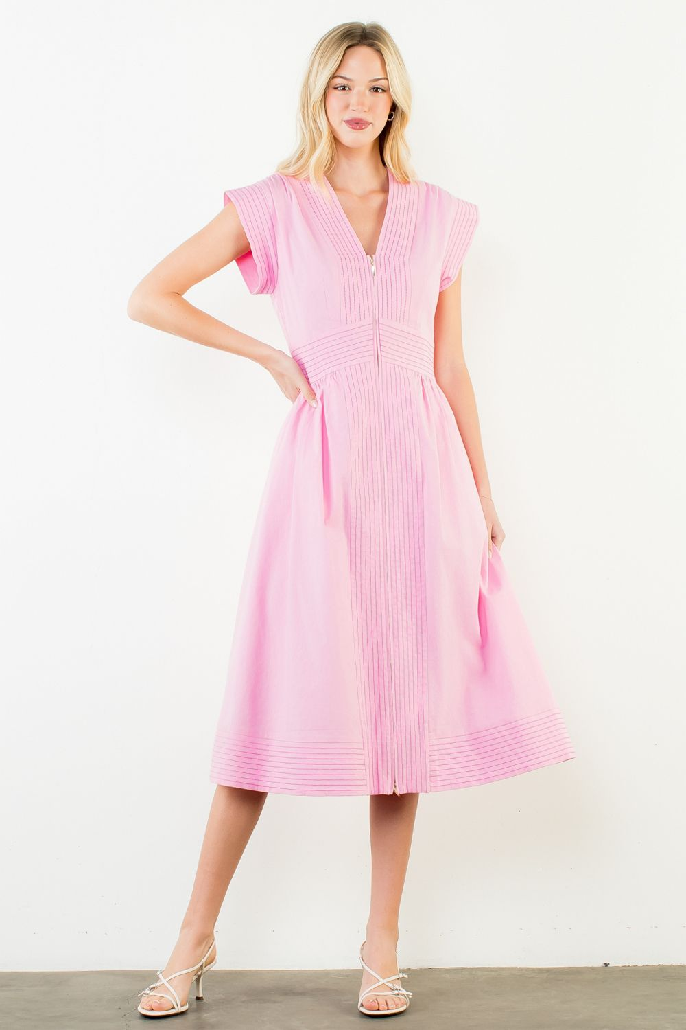Sleek Stitch Pintuck Midi Dress - Pink - Delta Swanky Girl