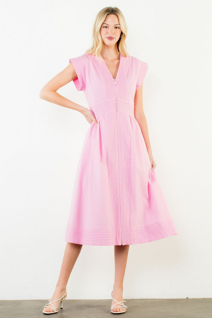 Sleek Stitch Pintuck Midi Dress - Pink - Delta Swanky Girl