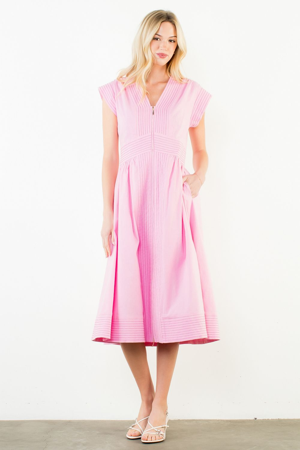 Sleek Stitch Pintuck Midi Dress - Pink - Delta Swanky Girl