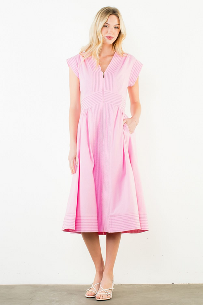 Sleek Stitch Pintuck Midi Dress - Pink - Delta Swanky Girl