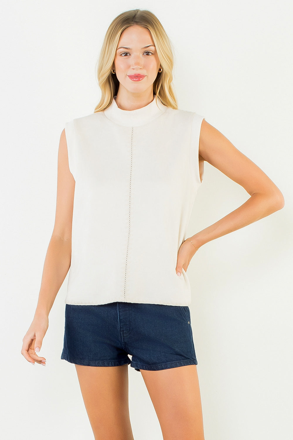 The Cream & Chic Top | Faux Suede Sleeveless Mock Neck Top