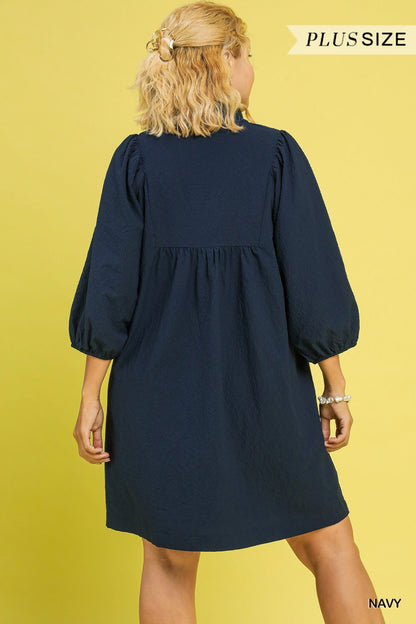 Curvy Lynlee Textured Babydoll Dress - Navy