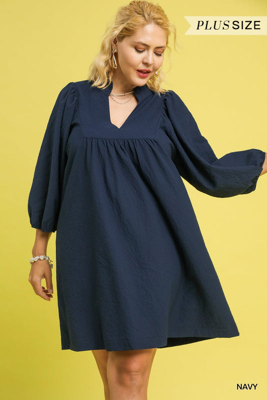 Curvy Lynlee Textured Babydoll Dress - Navy
