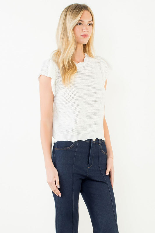 Pointelle Crochet Scallop Hem Top - White