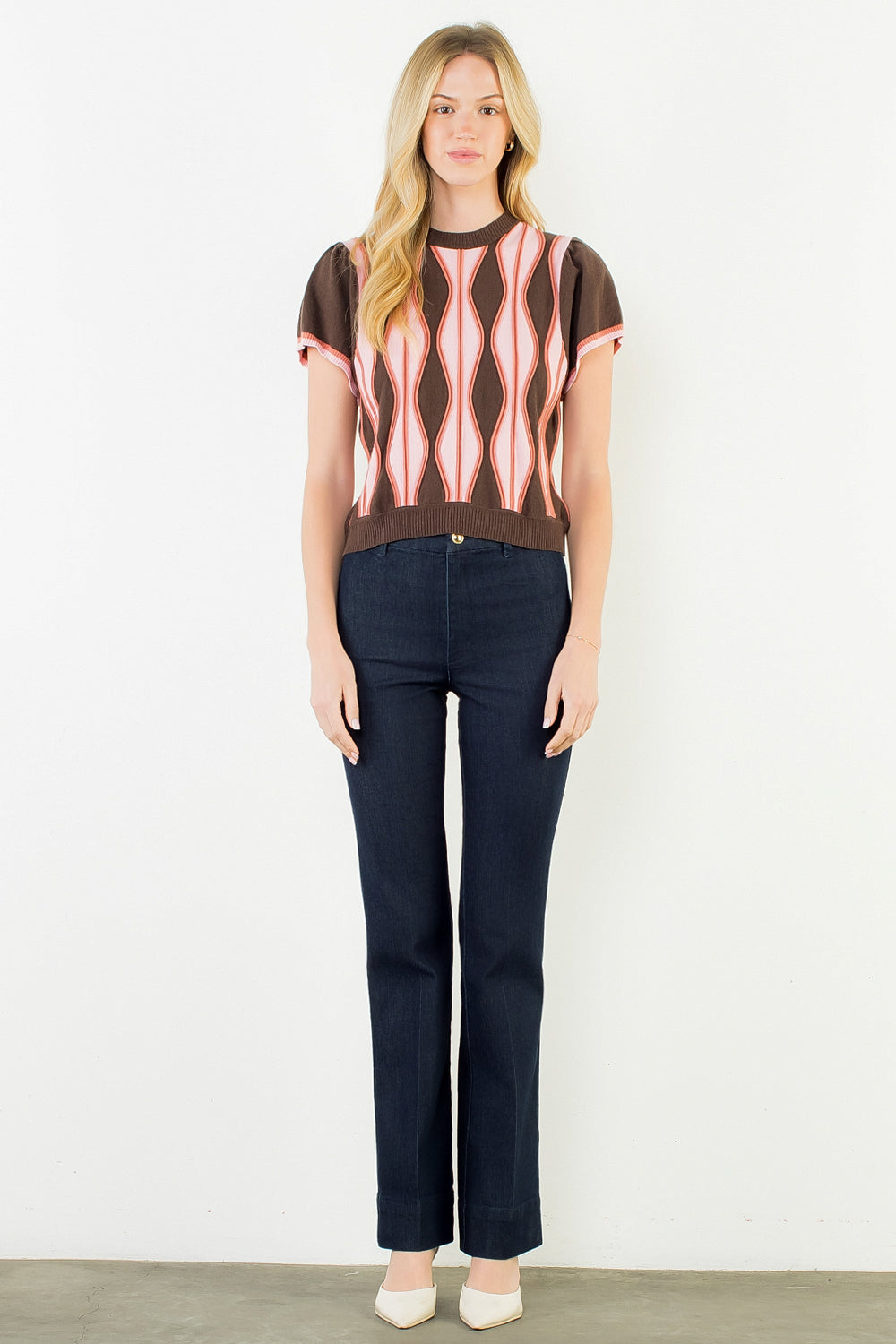 The Rosewood Rhythm Top | Wavy Stripe Flutter Sleeve Sweater