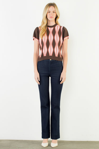 The Rosewood Rhythm Top | Wavy Stripe Flutter Sleeve Sweater