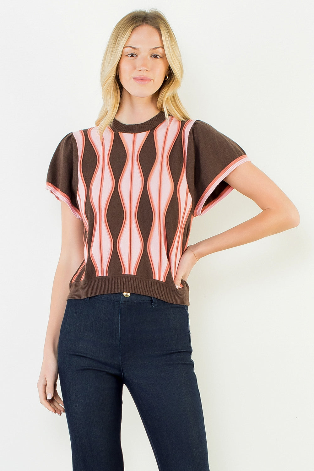 The Rosewood Rhythm Top | Wavy Stripe Flutter Sleeve Sweater
