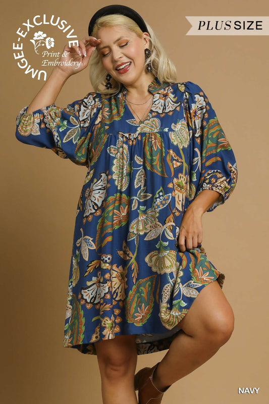 Curvy Autumn Petals Babydoll Dress - Navy