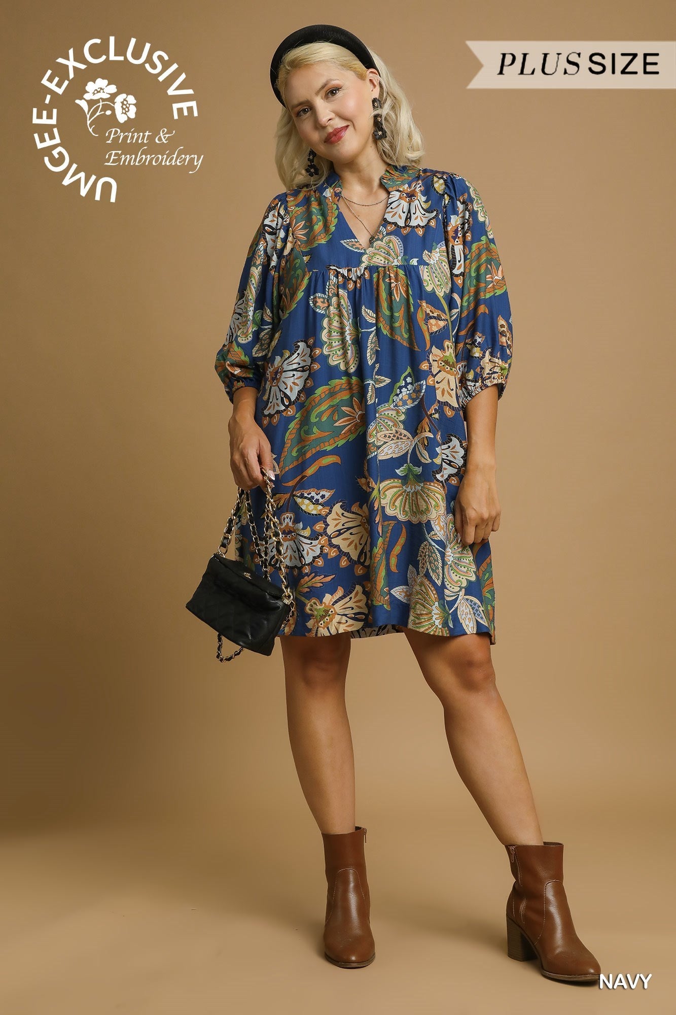 Curvy Autumn Petals Babydoll Dress - Navy
