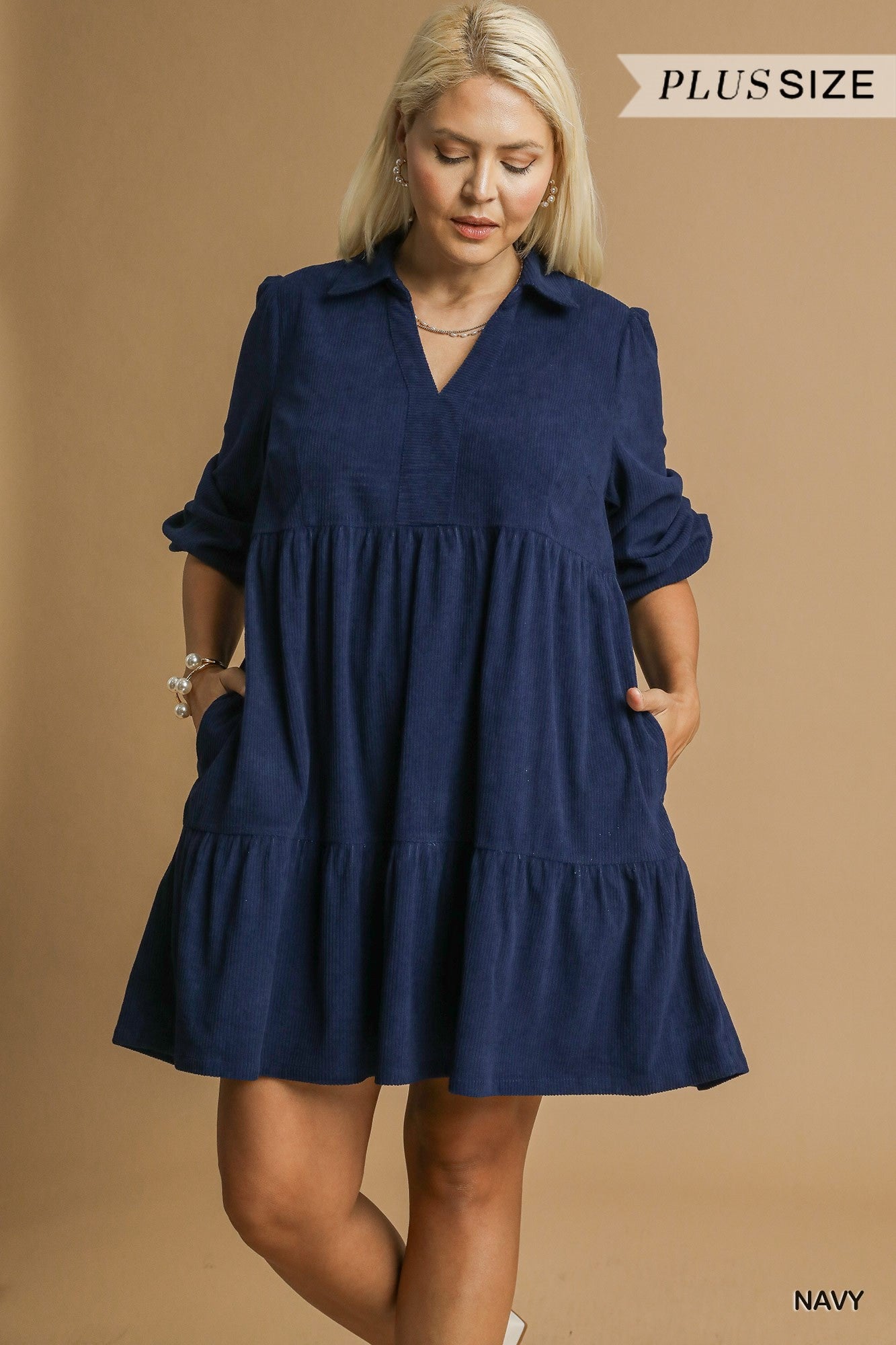 Curvy Charming Grace Corduroy Dress - Navy