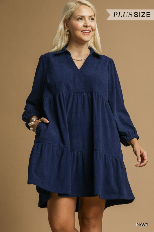 Curvy Charming Grace Corduroy Dress - Navy