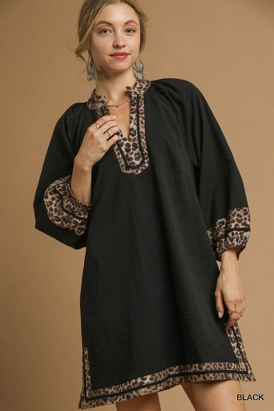Curvy Belle Leopard Trim Dress - Black