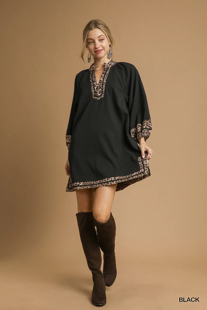 Curvy Belle Leopard Trim Dress - Black