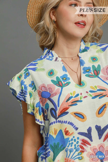 Curvy Garden Fiesta Flutter Top - Blue