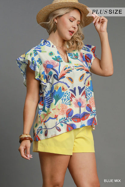 Curvy Garden Fiesta Flutter Top - Blue