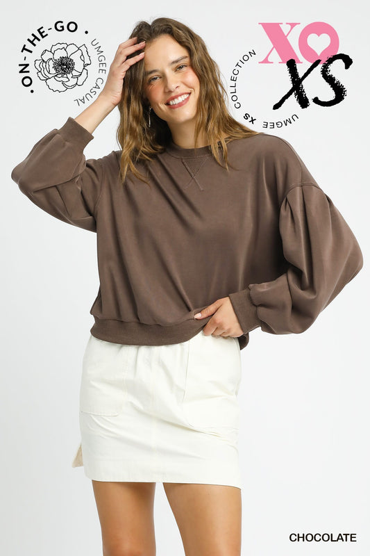 Cali Puff Sleeve Luxe Sweatshirt - Brown