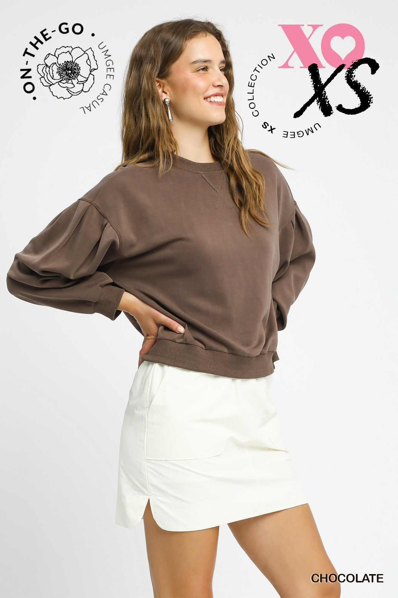 Cali Puff Sleeve Luxe Sweatshirt - Brown