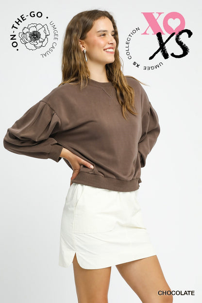 Cali Puff Sleeve Luxe Sweatshirt - Brown
