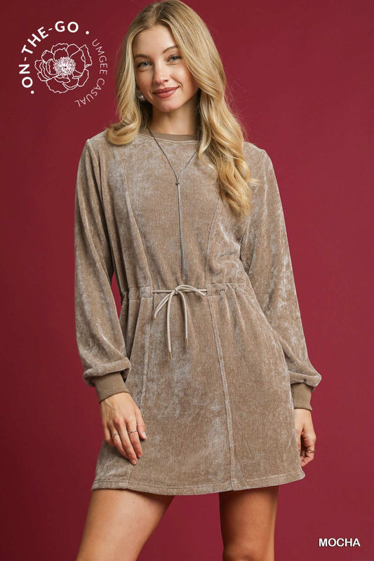 Sofia Velour Drawstring Dress - Brown