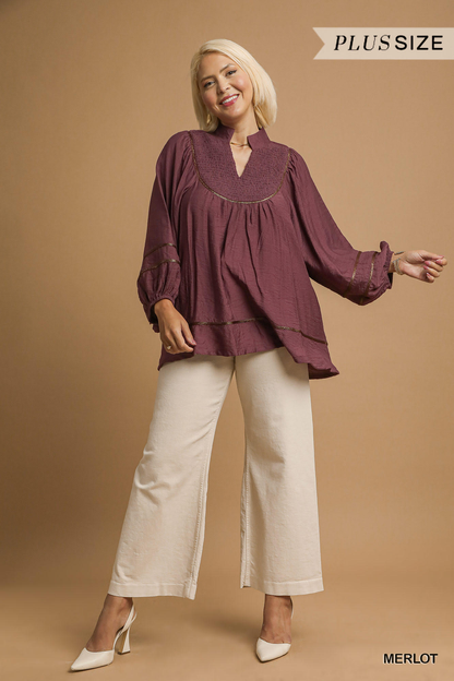 Curvy Bayle Metallic Trim Detail Top - Maroon